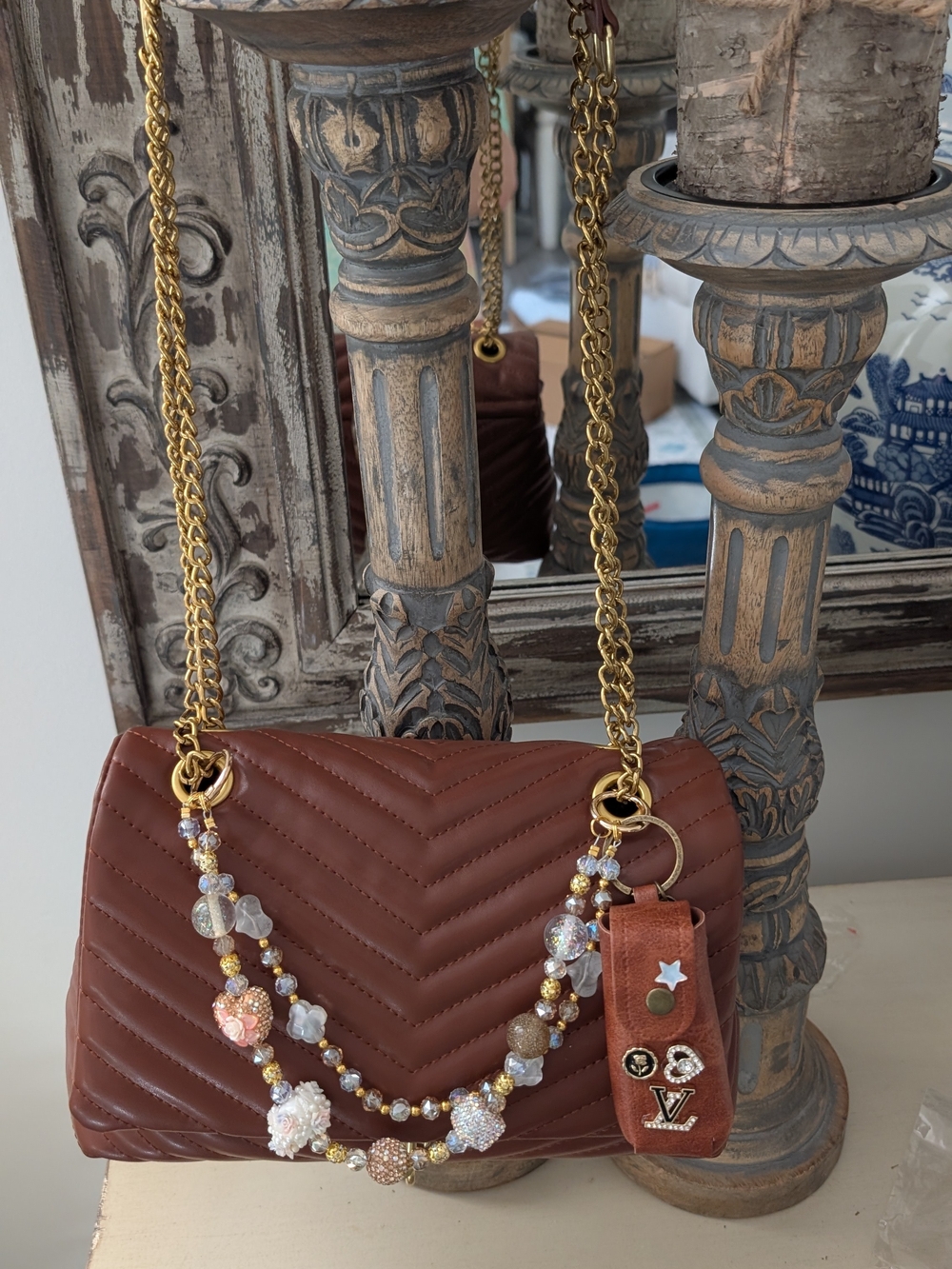 Quilted Chestnut Shoulder Bag with Gold Chain and Beaded Accent